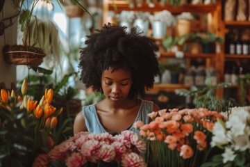 Young Black Woman Lovingly Tends To Her Flourishing Flower Shop