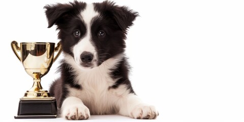 Border Collie Puppy Proudly Poses With Golden Trophy On White Background
