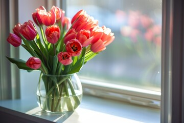 Bright Tulips Arranged In Vase On Sunny Windowsill For Valentines