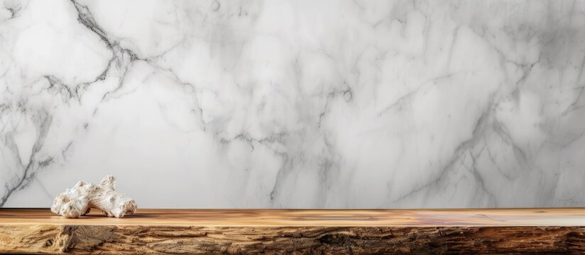 Wooden table in front of a white marble background. AI generated image