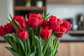 Celebrate International Womens Day With Vibrant Red Tulips In Modern Home Setting