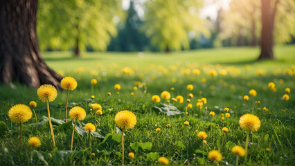 Beautiful widescreen image of a pristine forest lawn with fresh grass and yellow dandelions against an out-of-focus background.