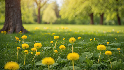 Scene of spring nature. Beautiful landscape, park with dandelions, green grass, calm background. Picturesque beautiful meadow background.