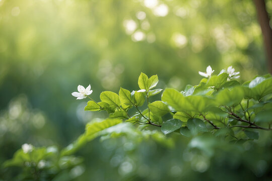 Beautiful natural spring summer defocused background with fresh lush green foliage and bokeh in nature.