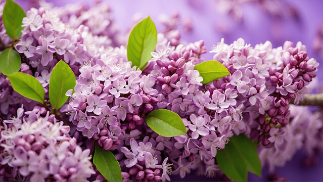 Floral wallpaper with blooming lilac branches with purple flowers on a blurred background. Syringa, May.