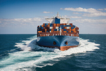 Containers on a large cargo ship sailing on the vast open ocean.