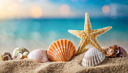 Fototapeta na wymiar Seashells and starfish on sandy beach by ocean, serene backdrop for relaxation or coastal themes