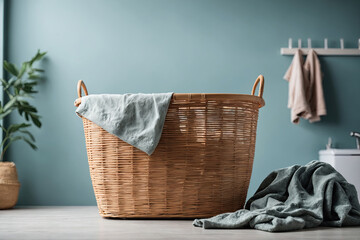 Laundry basket with clothes in the bathroom. - obrazy, fototapety, plakaty