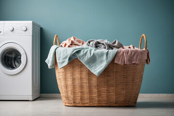 Basket with laundry and washing machine in the bathroom.