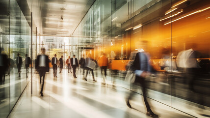 Blurred motion of people walking through a modern office corridor with reflective glass walls,...