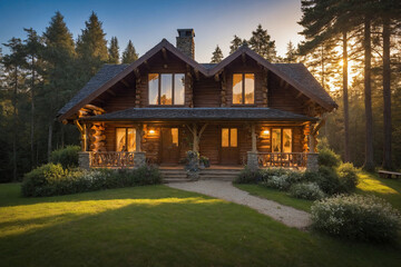 Luxurious log cabin in the middle of the forest. Log cabin in the forest on a summer day.