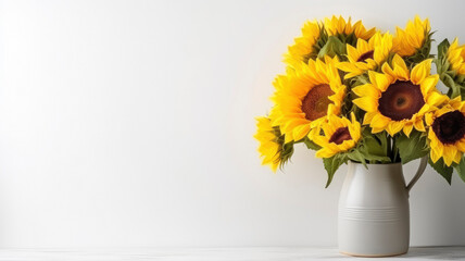 composition of sunflower flowers bouquet, top view with space for copy text white background