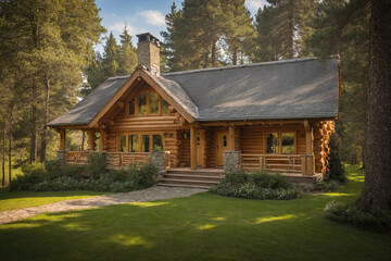 Wooden log cabin. Log cottage country getaway. Tourism concept.