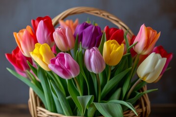 Vibrant Tulips Beautifully Arranged In A Basket, Bringing The Essence Of Spring