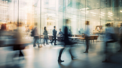 Fototapeta na wymiar Blurred motion of people walking through a modern office corridor with reflective glass walls, showcasing the dynamic environment of the corporate world with a sense of urgency and movement.