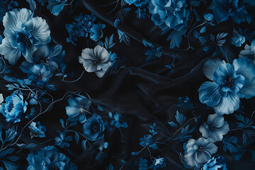 silky blue floral print black velvet fabric by jeffi  - obrazy, fototapety, plakaty