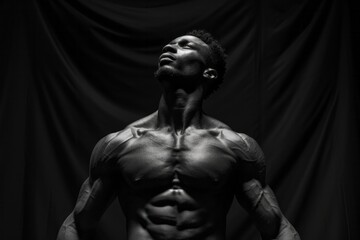 Monochrome image of a muscular man looking upwards with a dramatic black backdrop, highlighting strength and determination.