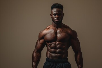 Portrait of a muscular man posing confidently against a neutral background, showcasing fitness and strength.