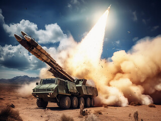 panoramic view of a generic military battalion defense system shooting missiles during a special operation, wide poster design with copy space area 