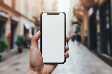 Hand holding a phone with a white screen against a blurred city crowd background. Smartphone mockup