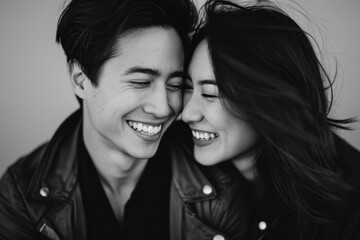 Black and white portrait of a smiling young couple in leather jackets, sharing an intimate and joyful moment.