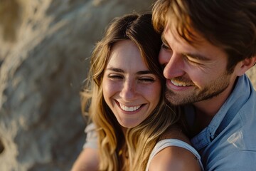 Close-up of a smiling couple enjoying a romantic moment outdoors with soft, warm lighting.