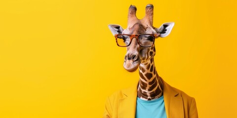 Stylish Giraffe In Fashionable Outfit Poses Against Yellow Background With Space-Themed Poster