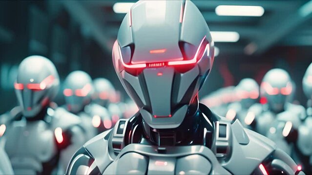 Combat robot in military metal armor. Futuristic cyborg security guard. Technology, robotics, artificial intelligence and future concept.