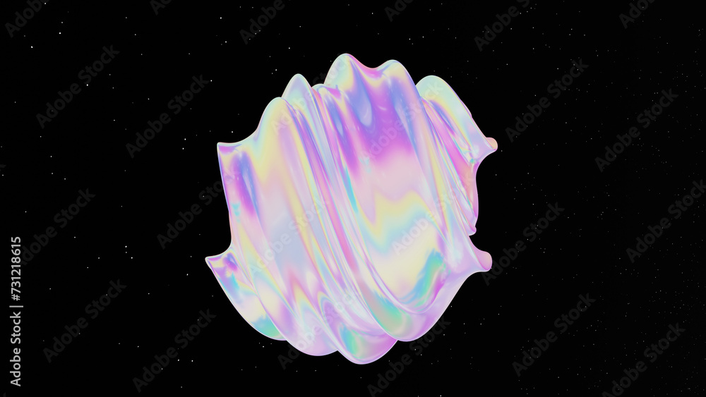 Poster 3d abstract holographic ball sphere in curve wavy spiral lines forms in transformation deformation p