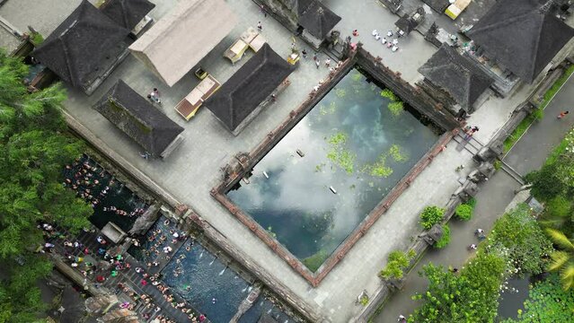 Drone shot of Tirta Empul, Hindu Balinese water temple in Bali island, Indonesia
