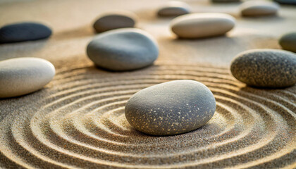 Obraz na płótnie Canvas Tranquil Zen garden pattern: Smooth pebbles arranged artistically on raked sand, embodying serenity and balance
