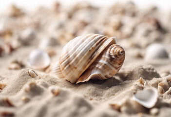 Sea shell in sand pile isolated on white background