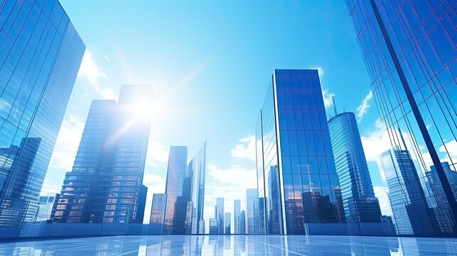 Modern business office skyscrapers. High-rise buildings with blue sky. bright and clean high tech office background
