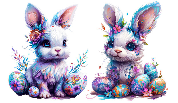 Cute Bunny With Easter Eggs And Spring Flowers. Clipart, Png