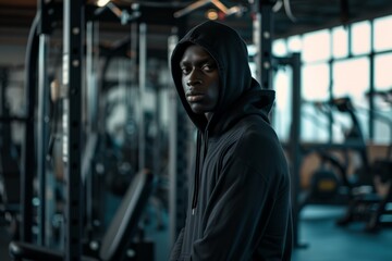 Bold Gymgoer Flaunts Confidence In Black Hoodie Amidst Workout Equipment