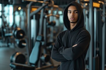Confident Gymgoer In Black Hoodie Navigates Workout Equipment