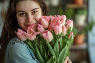 Radiant Woman Exuding Springtime Bliss With Bouquet Of Pink Tulips
