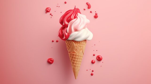 Pink and red melting ice cream cone on a playful backdrop