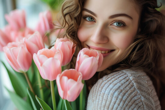 Joyful Woman Embracing Springtime, Graced By A Bouquet Of Pink Tulips
