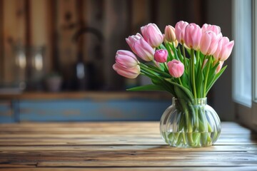 Elegant Display: Pink Tulips In Vase Adorn Graceful Wooden Table