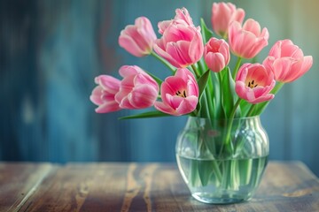 Elegant Display Of Pink Tulips In Vase On A Graceful Wooden Table