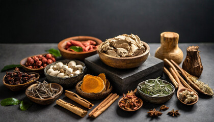 Traditional Chinese herbal medicine assortment: vibrant array of dried herbs and roots in wooden bowls, symbolizing holistic healing and natural remedies - obrazy, fototapety, plakaty