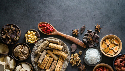 Fototapeta na wymiar Traditional Chinese herbal medicine assortment: vibrant array of dried herbs and roots in wooden bowls, symbolizing holistic healing and natural remedies