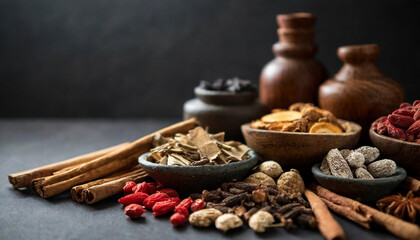 Fototapeta na wymiar Traditional Chinese herbal medicine assortment: vibrant array of dried herbs and roots in wooden bowls, symbolizing holistic healing and natural remedies