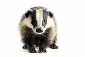 Fototapeta premium Solitary Badger Standing Against Clean, White Backdrop, Captivating Viewers