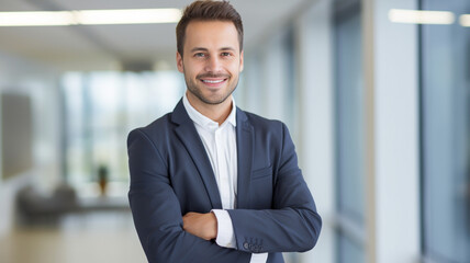 Portrait of happy handsome businessman smiling with arms crossed inside modern office building.