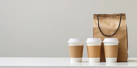 Three Coffee Cups And Brown Bag On White Table, With Room For Your Branding