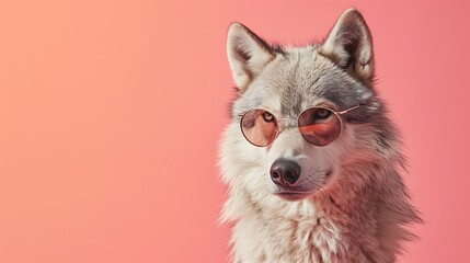 Wolf in sunglass shade glasses isolated on solid pastel background