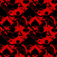 abstract seamless black and red pattern of different card suits, texture, design