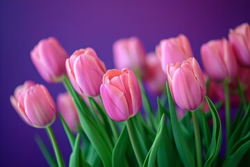 Fototapeta premium Vibrant Pink Tulips Bloom Against Striking Purple Backdrop